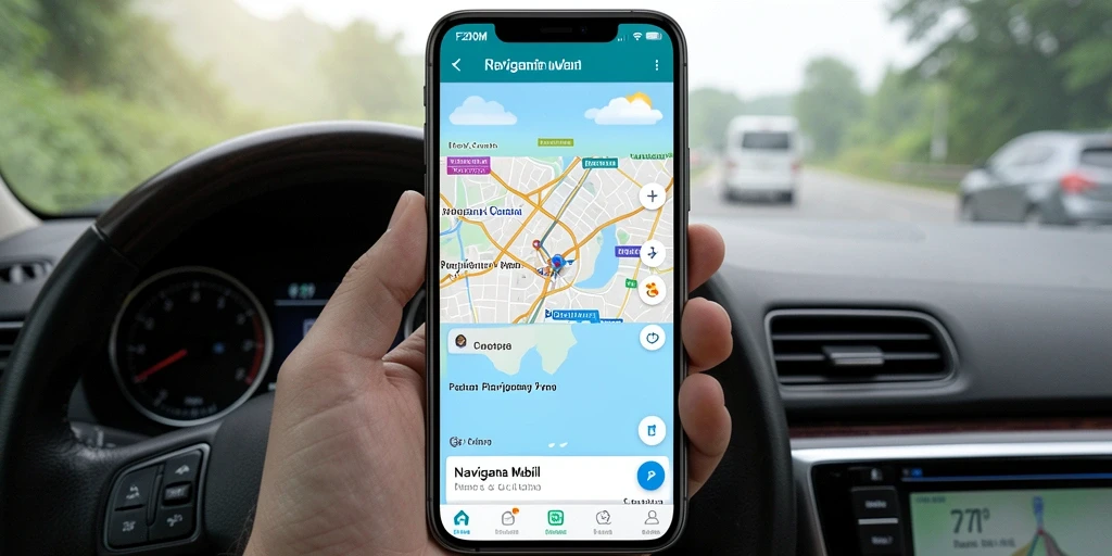 Tampilan antarmuka aplikasi F200M untuk navigasi mobil yang user-friendly.