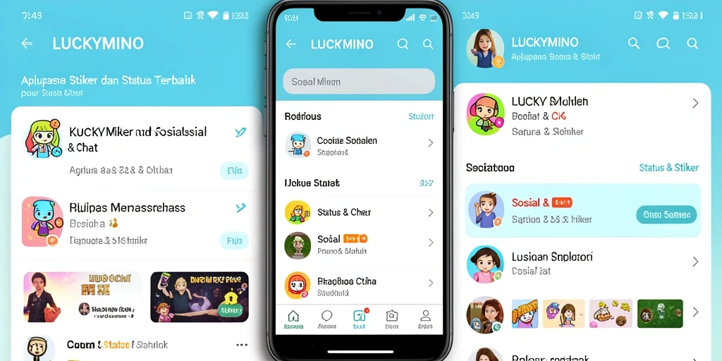 Antarmuka pengguna LUCKYMINO dengan stiker yang menarik.
